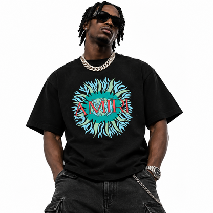 Model wearing the #064 black graphic T-shirt
